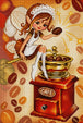 Diamond Painting mit Kaffeefee auf nostalgischer Kaffeemühle und schwebenden Kaffeebohnen. Mockup.