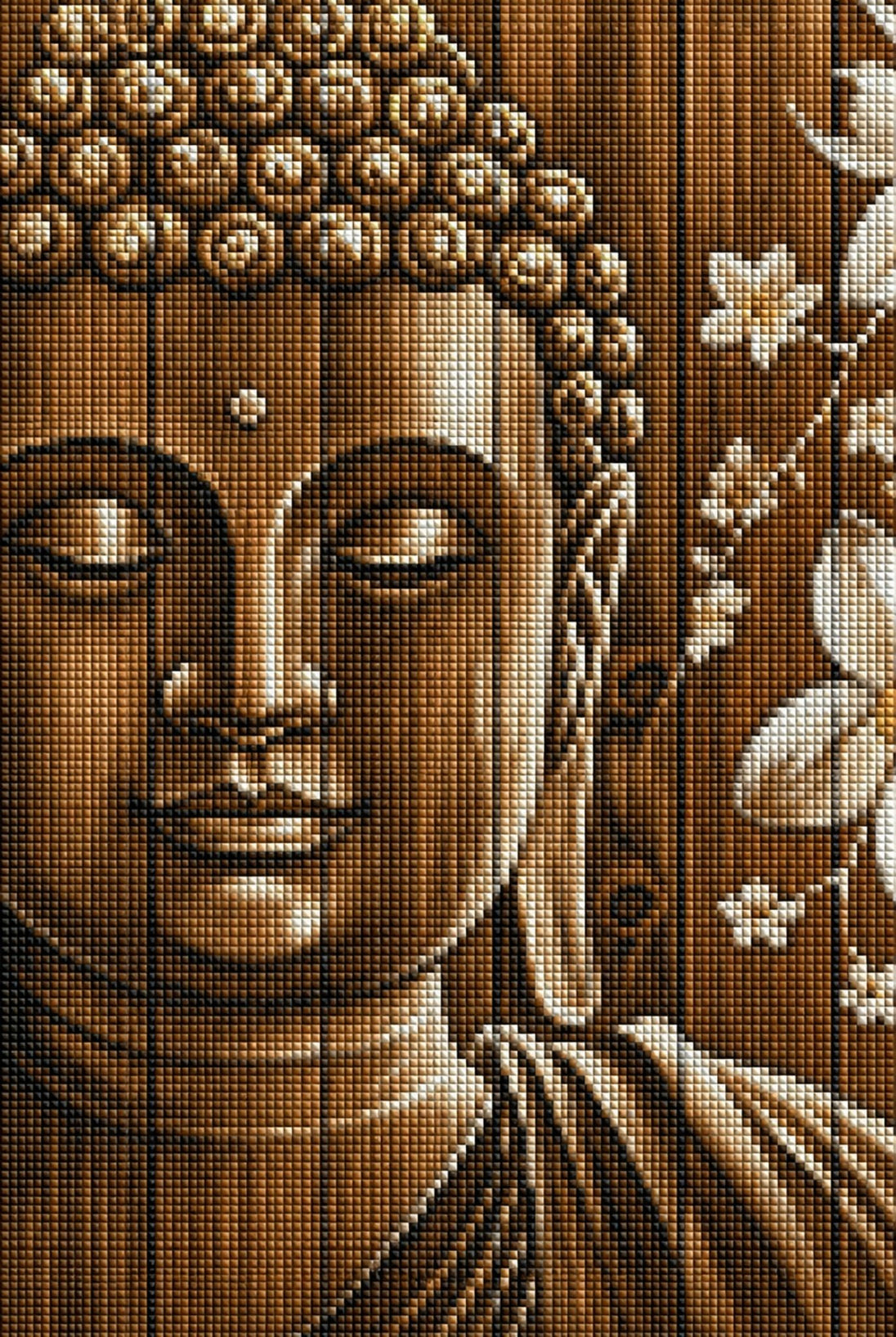Diamond Painting mit Buddha-Porträt auf Holzstruktur und weißen Blüten im Zen-Stil. Mockup.