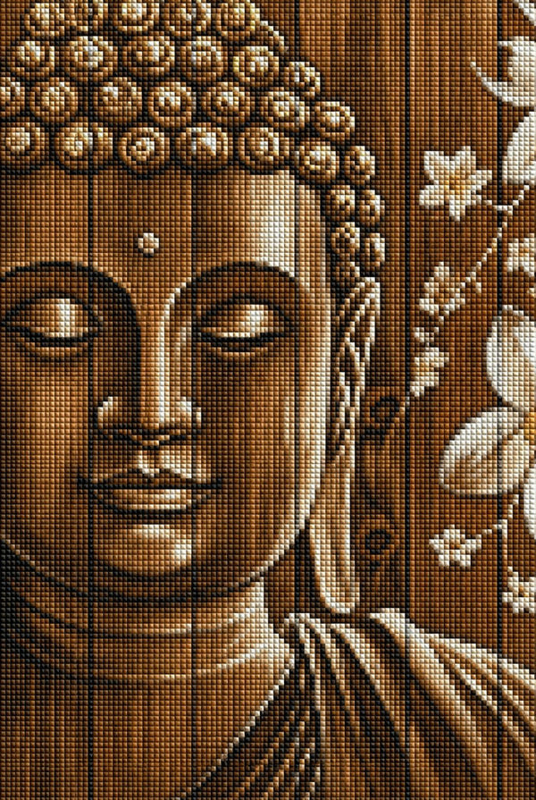Diamond Painting mit Buddha-Porträt auf Holzstruktur und weißen Blüten im Zen-Stil. Mockup.