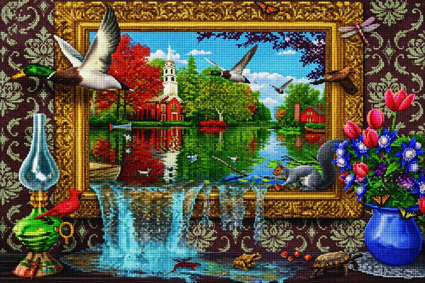 Diamond Painting mit surrealer Seelandschaft, Kirche, Enten und Wasserfall aus einem goldenen Bilderrahmen. Mockup.