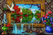 Diamond Painting mit surrealer Seelandschaft, Kirche, Enten und Wasserfall aus einem goldenen Bilderrahmen. Mockup.