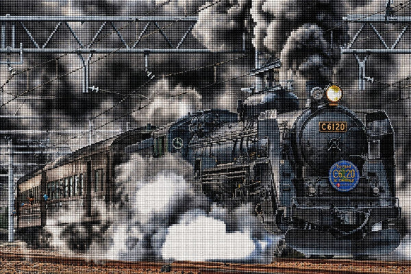 Diamond Painting mit historischer Dampflok und dichter Rauchentwicklung auf Bahngleisen. Mockup.