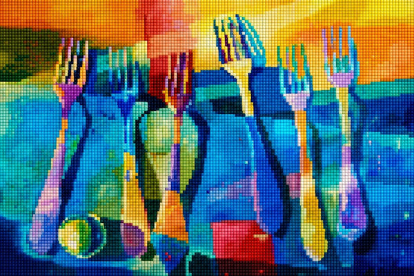 Diamond Painting mit farbenfrohem Besteck-Stillleben aus Gabeln und Löffel im abstrakten Malstil. Mockup.