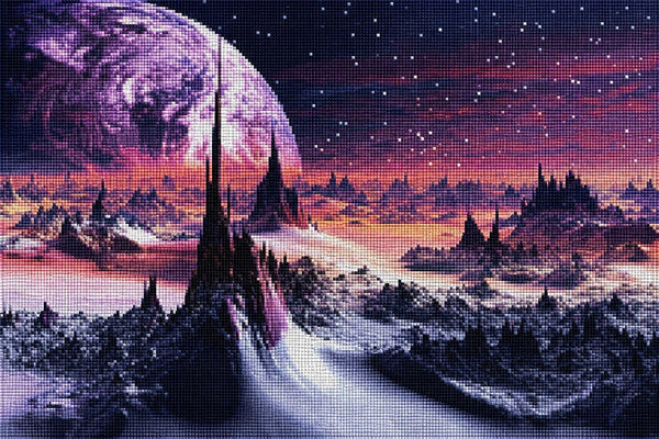 Diamond Painting mit riesigem Planeten über einer futuristischen Felslandschaft und Sternenhimmel. Mockup.