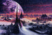 Diamond Painting mit riesigem Planeten über einer futuristischen Felslandschaft und Sternenhimmel. Mockup.