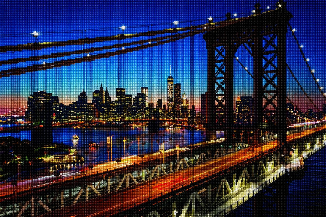 Diamond Painting mit Manhattan Bridge und New Yorker Skyline bei Nacht über dem East River. Mockup.