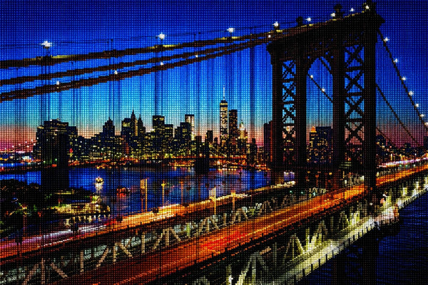 Diamond Painting mit Manhattan Bridge und New Yorker Skyline bei Nacht über dem East River. Mockup.