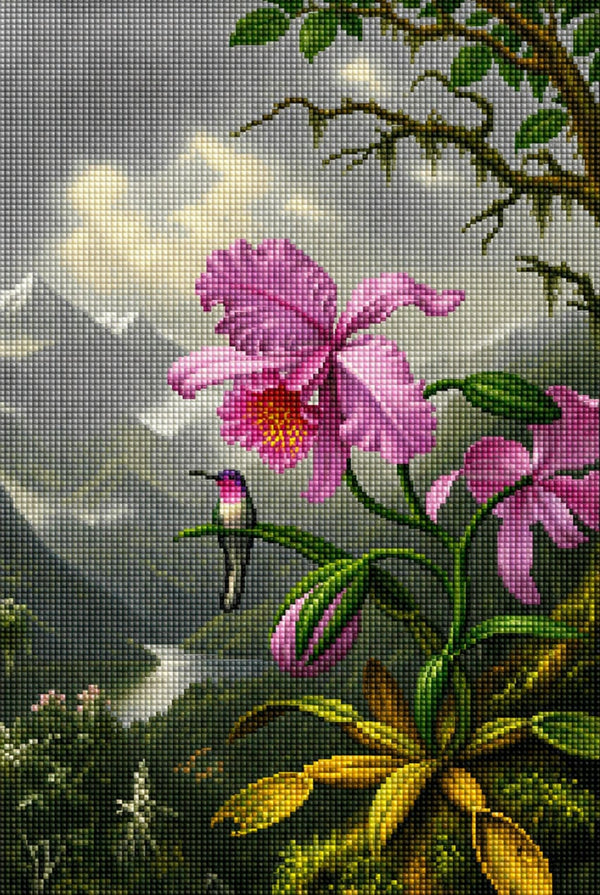 Diamond Painting mit rosa Orchidee und schwebendem Kolibri vor einer nebligen Tropenlandschaft. Mockup.