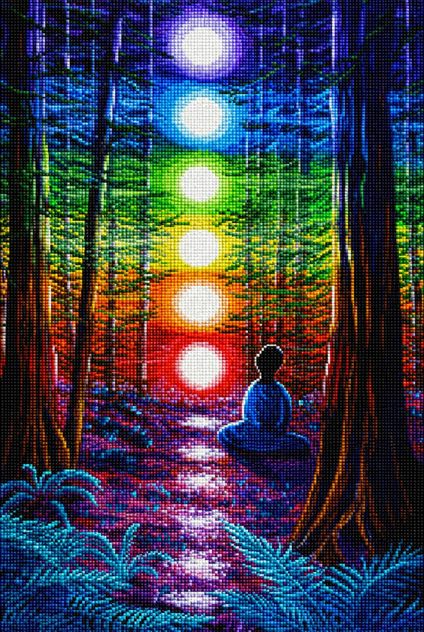 Diamond Painting mit meditierender Person im Wald und leuchtenden Chakren zwischen hohen Bäumen. Mockup.
