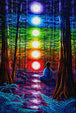 Diamond Painting mit meditierender Person im Wald und leuchtenden Chakren zwischen hohen Bäumen. Mockup.
