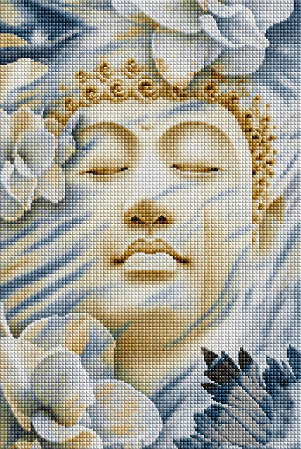 Diamond Painting mit ruhendem Buddha-Gesicht und weißen Blüten in sanften Creme- und Grautönen. Mockup.
