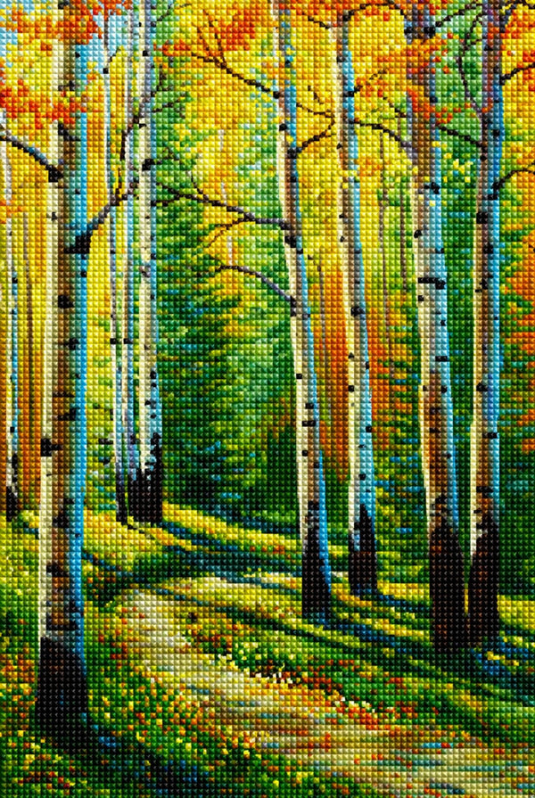 Diamond Painting mit sonnigem Birkenwald, hellem Waldweg und leuchtendem Herbstlaub. Mockup.