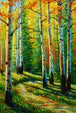 Diamond Painting mit sonnigem Birkenwald, hellem Waldweg und leuchtendem Herbstlaub. Mockup.