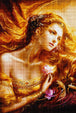 Diamond Painting mit romantischem Frauenporträt, goldenem Haar und rosa Blüte im Malstil. Mockup.