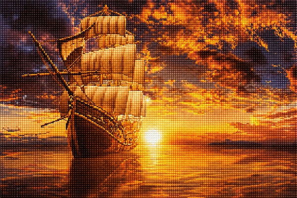Diamond Painting mit historischem Großsegler auf ruhigem Meer bei goldenem Sonnenuntergang. Mockup.