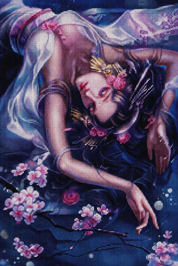 Diamond Painting mit ruhender Frau, Kirschblüten und elegantem Haarschmuck in nächtlicher Farbkomposition. Mockup.