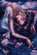 Diamond Painting mit ruhender Frau, Kirschblüten und elegantem Haarschmuck in nächtlicher Farbkomposition. Mockup.