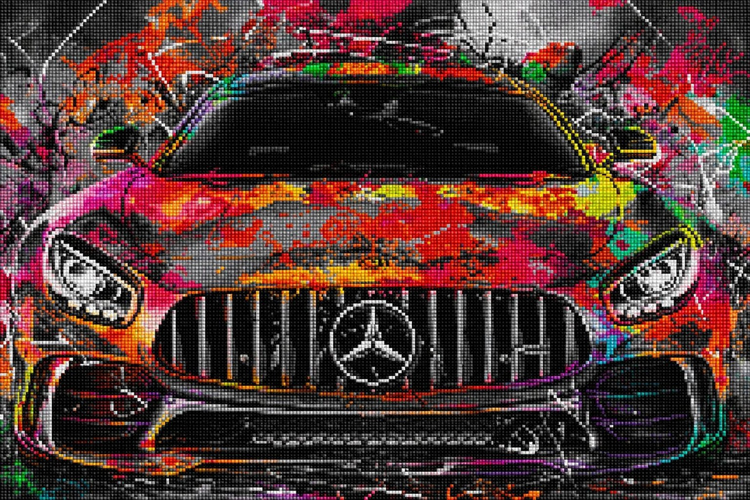 Diamond Painting mit Mercedes AMG in Frontansicht und farbenfrohem Street-Art-Hintergrund. Mockup.