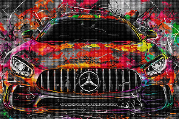 Diamond Painting mit Mercedes AMG in Frontansicht und farbenfrohem Street-Art-Hintergrund. Mockup.
