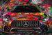 Diamond Painting mit Mercedes AMG in Frontansicht und farbenfrohem Street-Art-Hintergrund. Mockup.