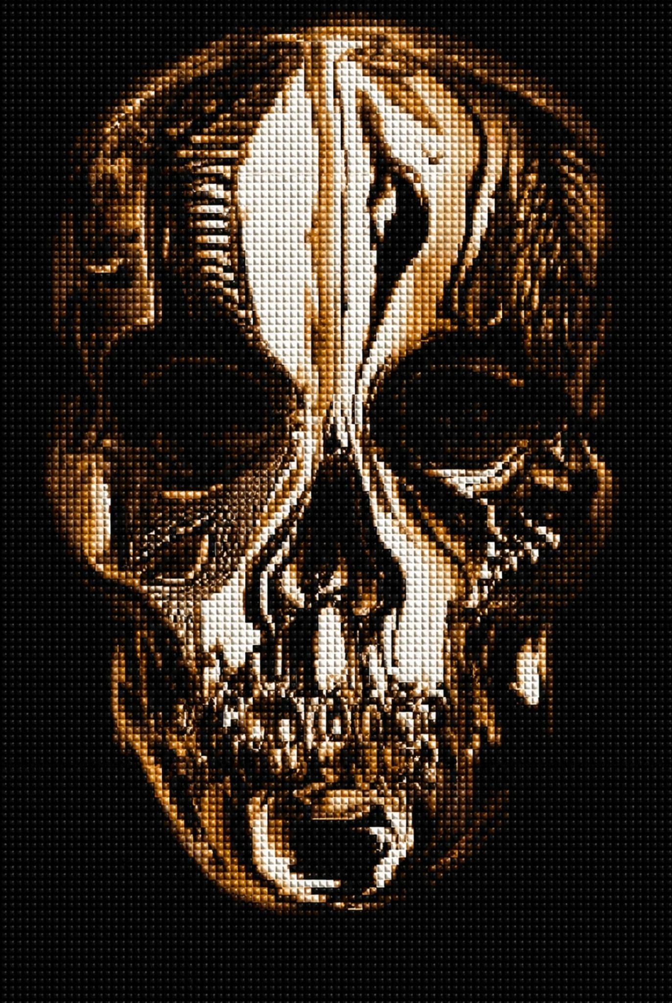 Diamond Painting mit goldenem Totenkopf auf schwarzem Hintergrund im modernen Illustrationsstil. Mockup.