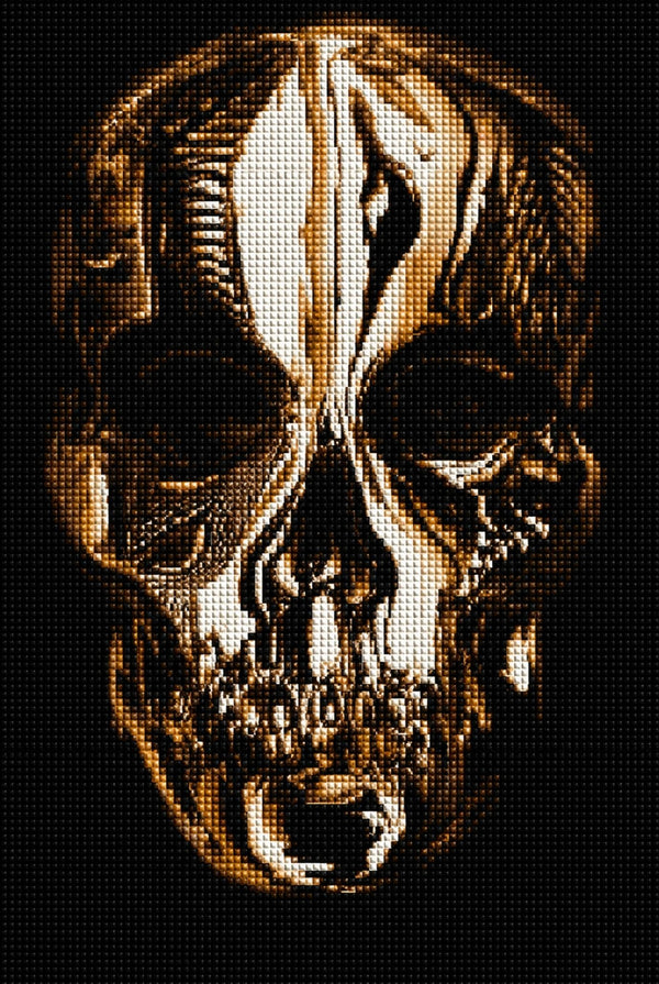 Diamond Painting mit goldenem Totenkopf auf schwarzem Hintergrund im modernen Illustrationsstil. Mockup.