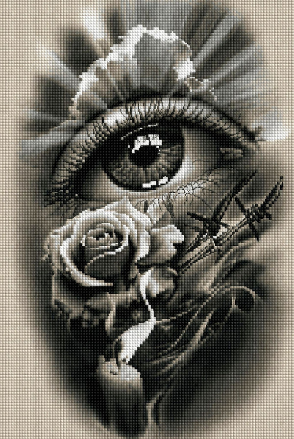 Diamond Painting mit Auge, Rose, Kerze und Lichtstrahlen in monochromer Gestaltung. Mockup.