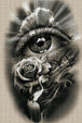 Diamond Painting mit Auge, Rose, Kerze und Lichtstrahlen in monochromer Gestaltung. Mockup.