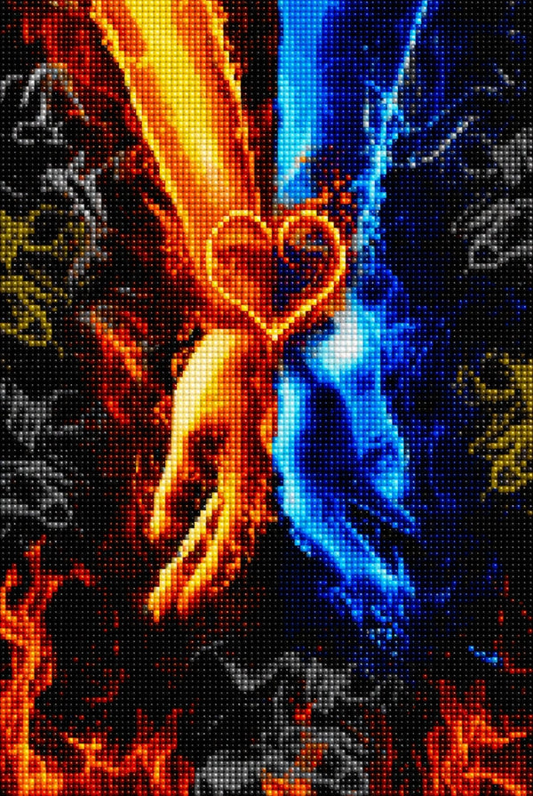 Diamond Painting mit Feuer- und Eishand sowie leuchtendem Herz aus Flammen. Mockup.