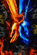 Diamond Painting mit Feuer- und Eishand sowie leuchtendem Herz aus Flammen. Mockup.