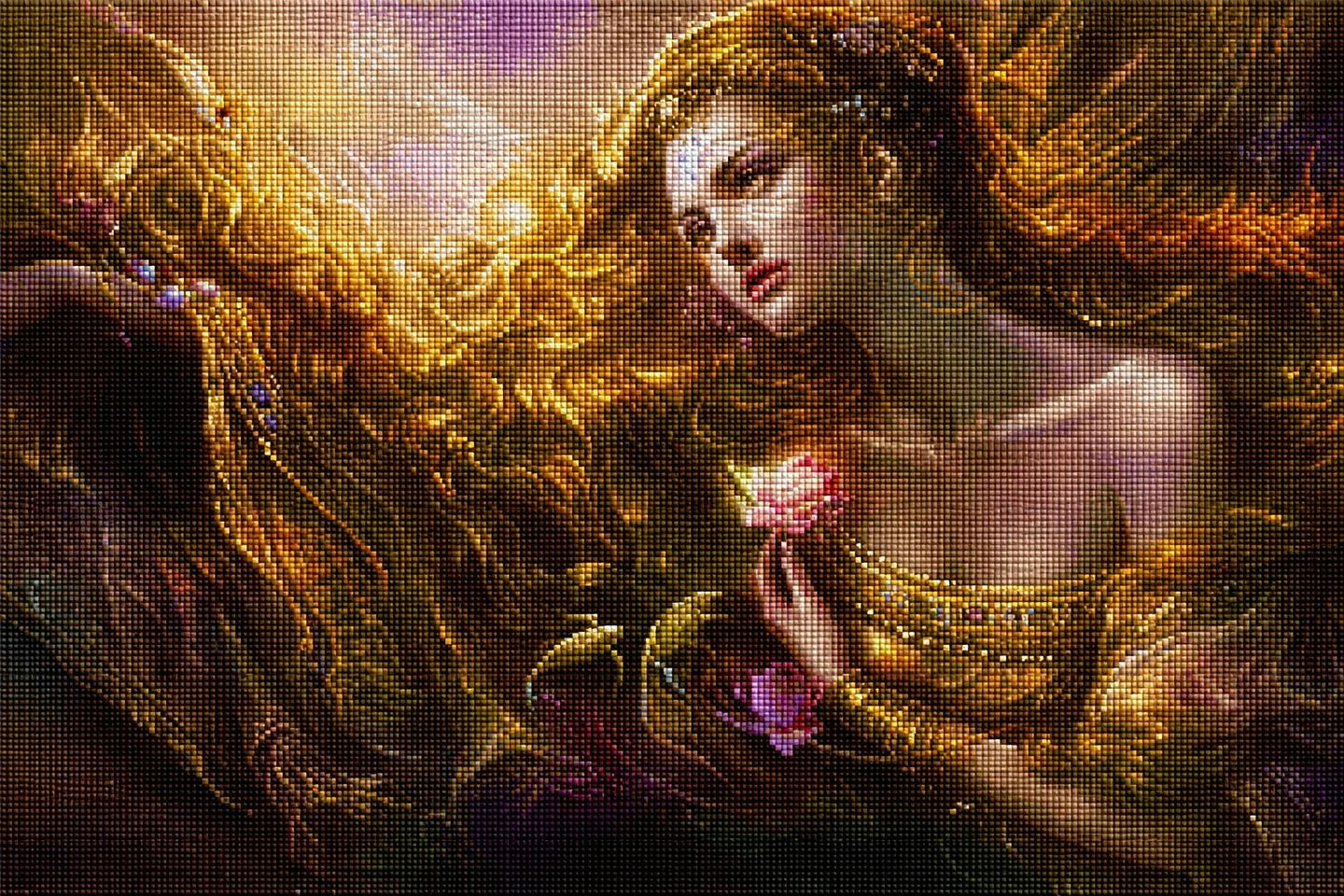 Diamond Painting mit Frau, goldenem Haar und leuchtender Blüte in warmer Lichtstimmung. Mockup.