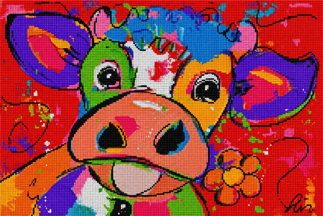 Diamond Painting mit bunter Pop-Art Kuh in leuchtenden Neonfarben und ausdrucksstarkem Gesicht. Mockup.
