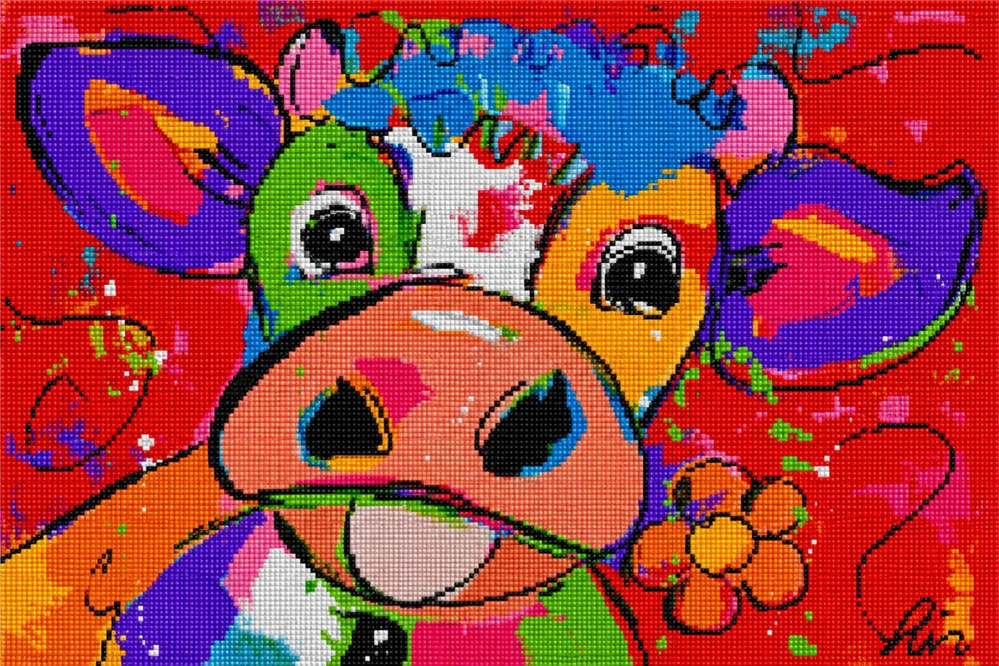 Diamond Painting mit bunter Pop-Art Kuh in leuchtenden Neonfarben und ausdrucksstarkem Gesicht. Mockup.