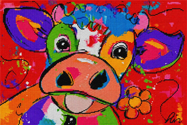 Diamond Painting mit bunter Pop-Art Kuh in leuchtenden Neonfarben und ausdrucksstarkem Gesicht. Mockup.