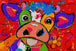 Diamond Painting mit bunter Pop-Art Kuh in leuchtenden Neonfarben und ausdrucksstarkem Gesicht. Mockup.