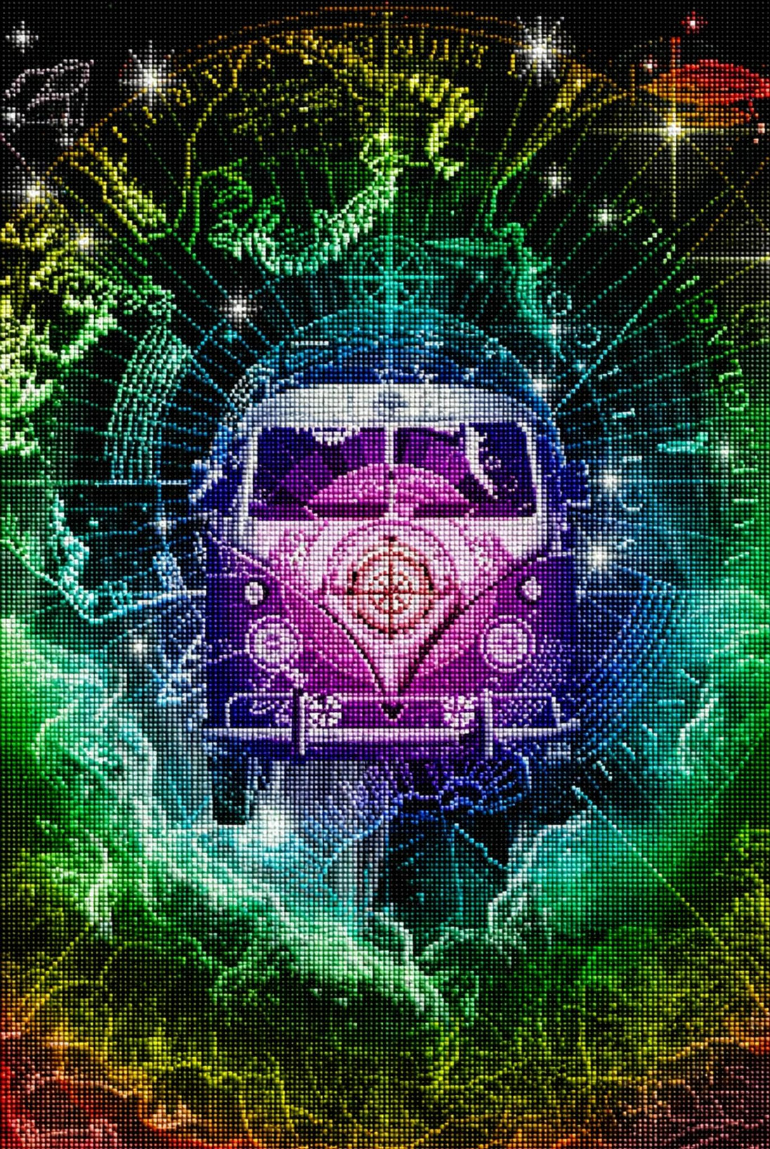 Diamond Painting mit farbigem Hippie-Bus vor kosmischer Sternenkarte und leuchtenden Nebelwolken. Mockup.