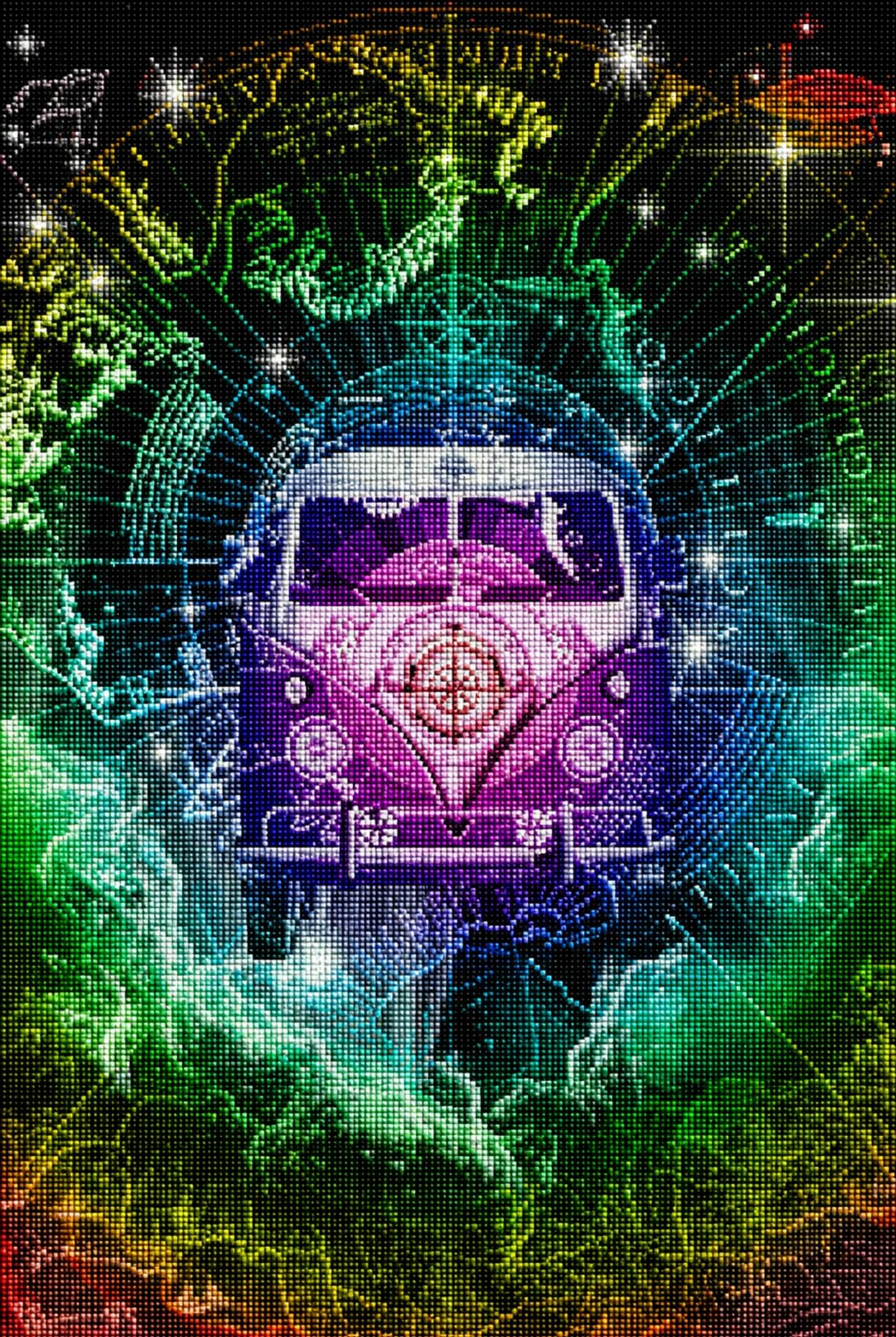 Diamond Painting mit farbigem Hippie-Bus vor kosmischer Sternenkarte und leuchtenden Nebelwolken. Mockup.