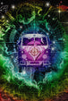 Diamond Painting mit farbigem Hippie-Bus vor kosmischer Sternenkarte und leuchtenden Nebelwolken. Mockup.