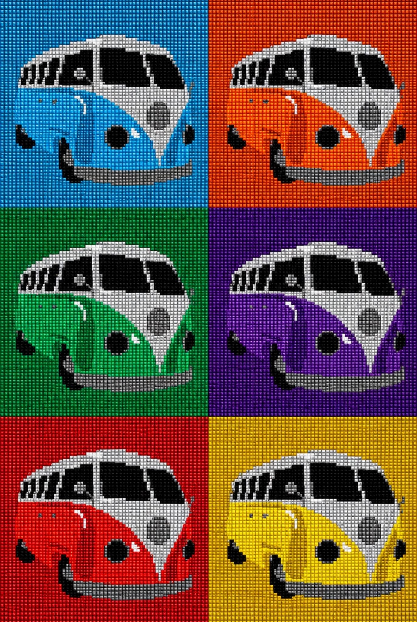 Diamond Painting mit sechs farbigen VW Bullis im Pop-Art-Stil auf unterschiedlich farbigen Hintergründen. Mockup.