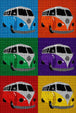 Diamond Painting mit sechs farbigen VW Bullis im Pop-Art-Stil auf unterschiedlich farbigen Hintergründen. Mockup.