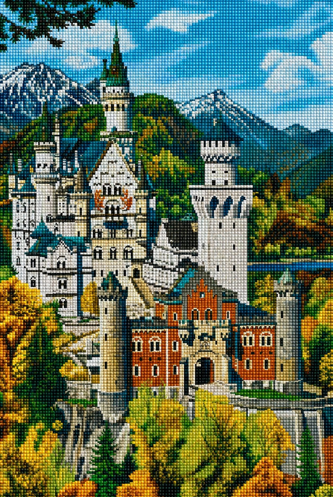 Diamond Painting mit Schloss Neuschwanstein vor Alpen, Wald und blauem Himmel. Mockup.