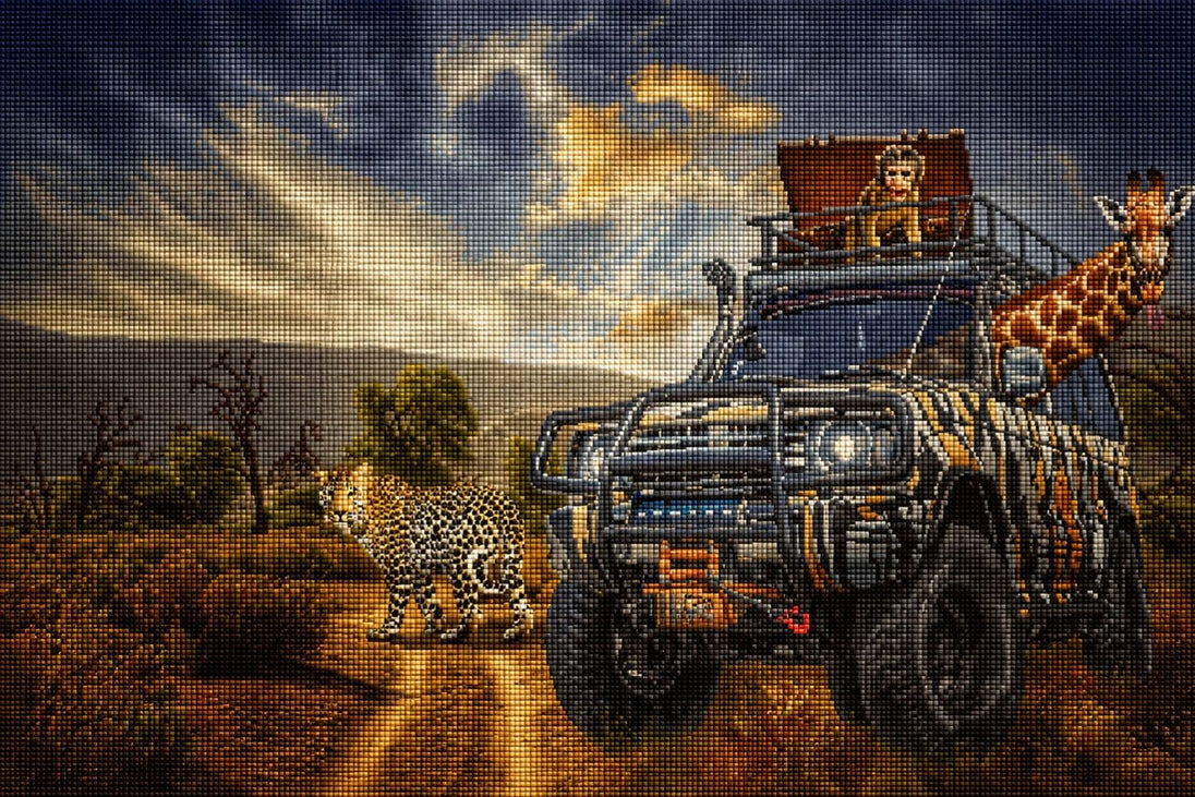 Diamond Painting mit Safari-Jeep, Leopard, Giraffe und Affe in der afrikanischen Savanne. Mockup.