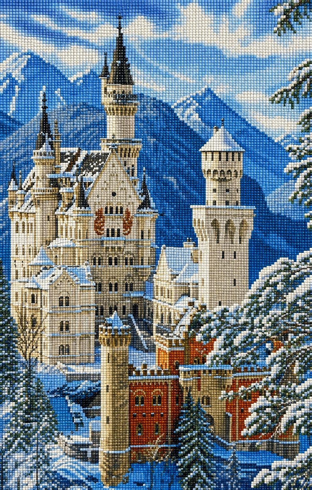 Diamond Painting mit Schloss Neuschwanstein im Winter vor schneebedeckten Alpen und Tannen. Mockup.