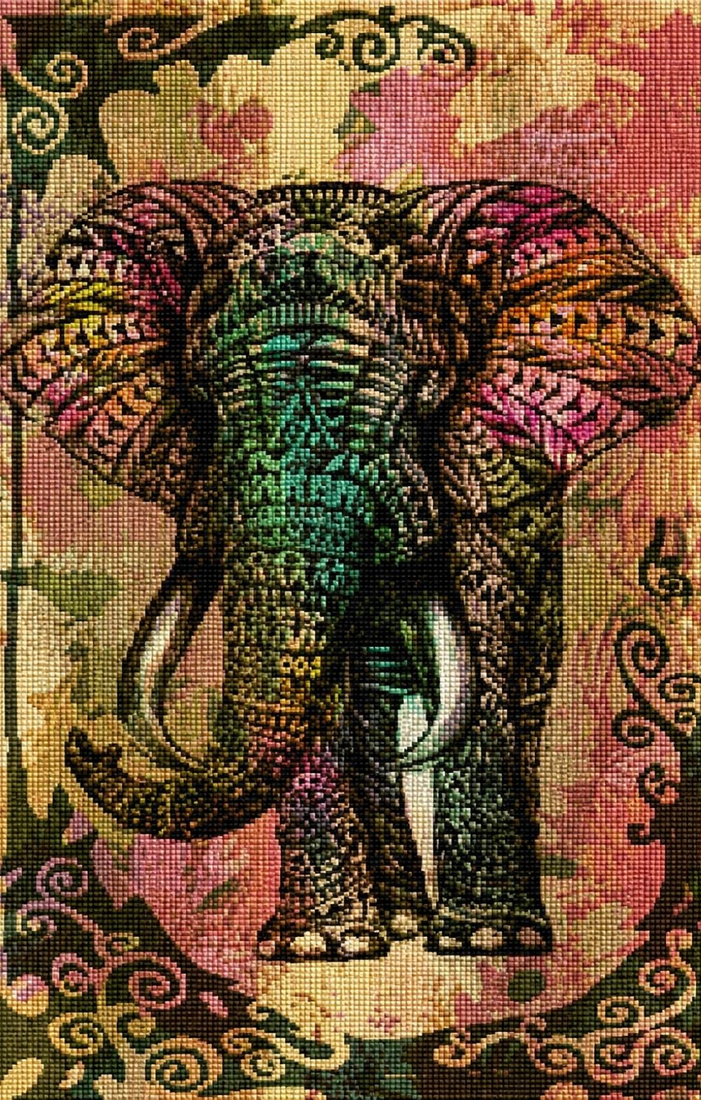 Diamond Painting mit ornamentalem Elefanten vor Vintage-Hintergrund in Türkis-, Beige- und Rosatönen. Mockup.