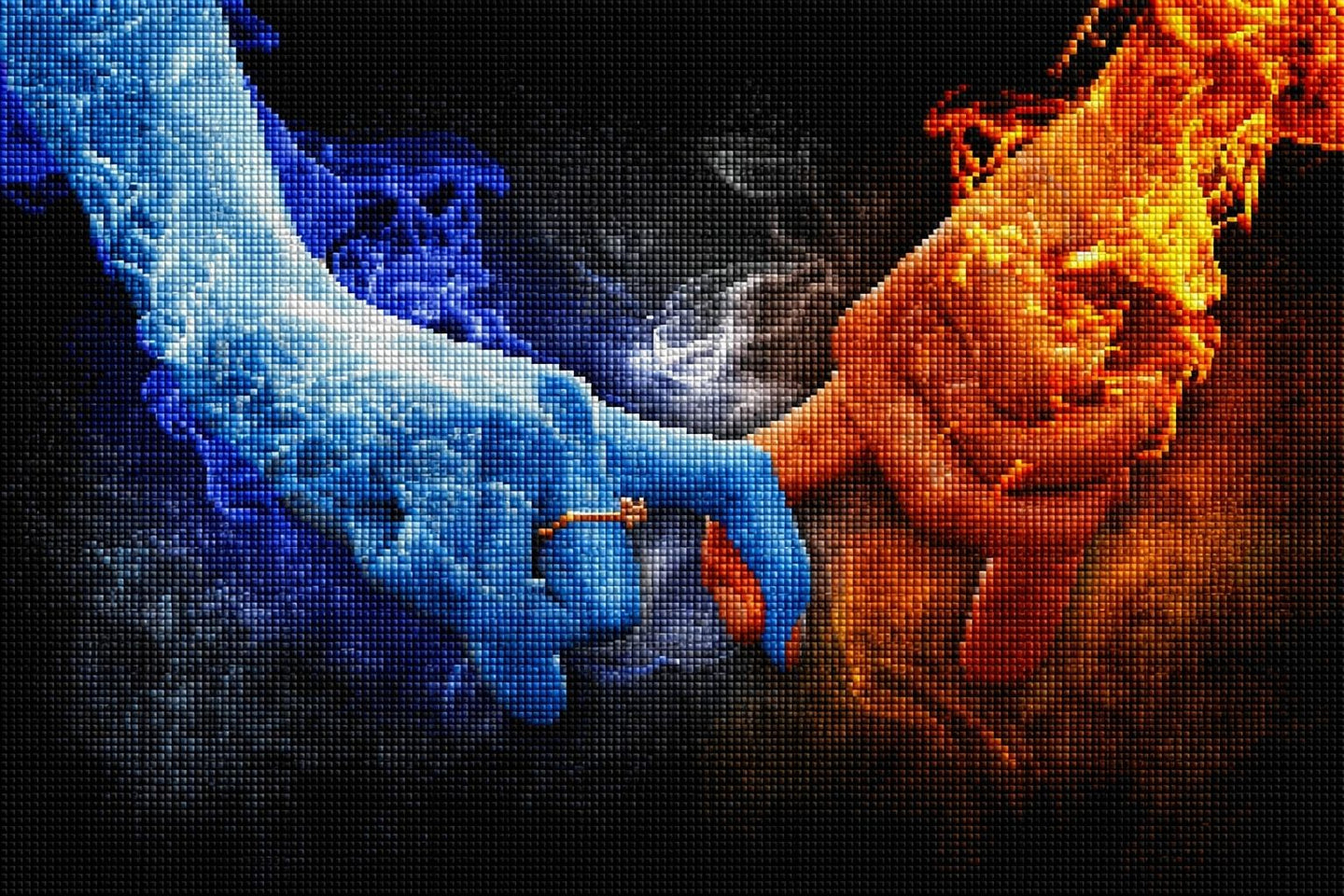 Diamond Painting mit zwei Händen aus Feuer und Eis vor dunklem Hintergrund mit Flammen und Eisnebel. Mockup.