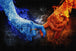 Diamond Painting mit zwei Händen aus Feuer und Eis vor dunklem Hintergrund mit Flammen und Eisnebel. Mockup.