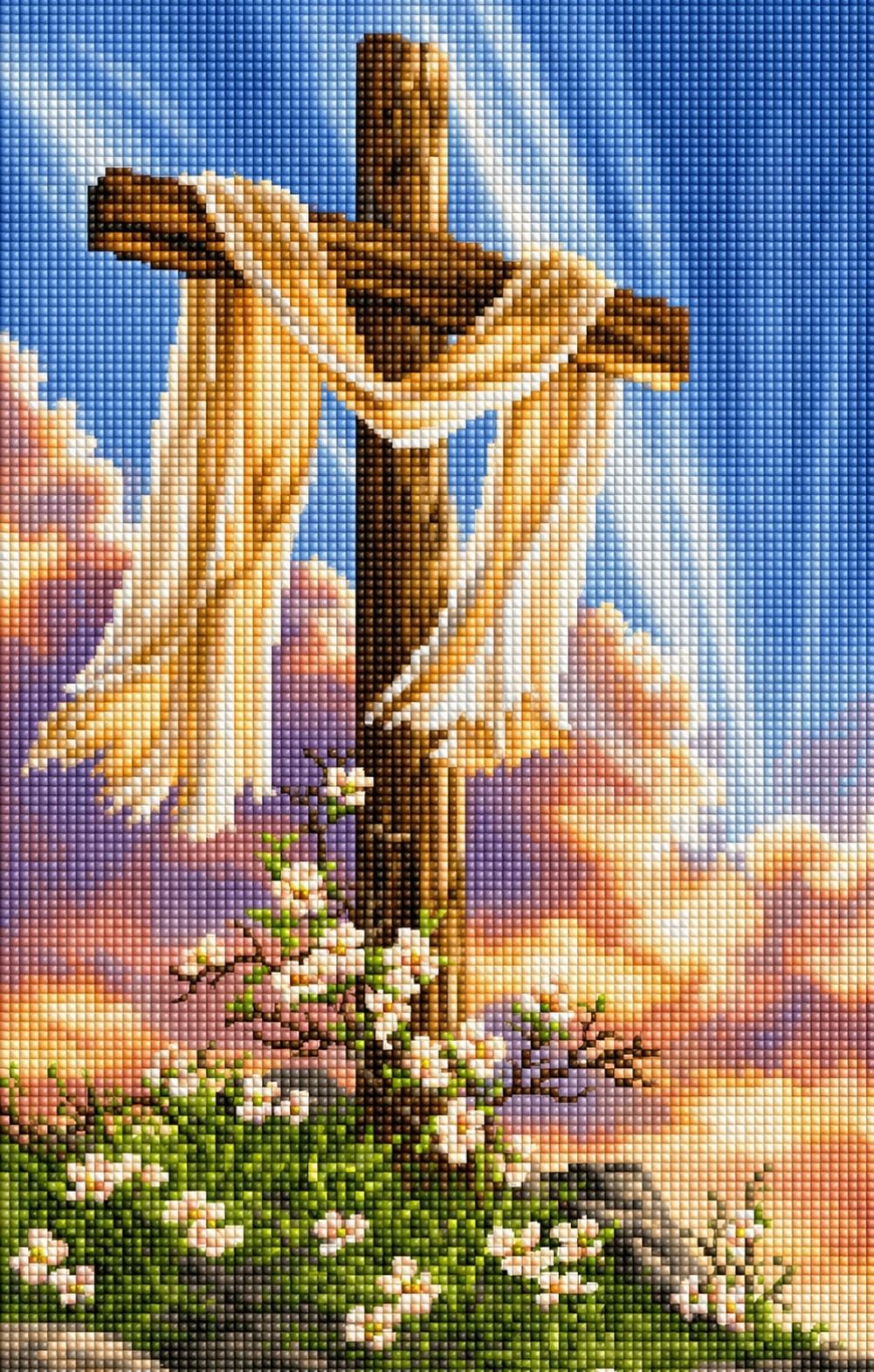 Diamond Painting mit hölzernem Kreuz, weißem Tuch, Sonnenstrahlen und blühenden Zweigen vor hellem Himmel. Mockup.