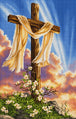 Diamond Painting mit hölzernem Kreuz, weißem Tuch, Sonnenstrahlen und blühenden Zweigen vor hellem Himmel. Mockup.