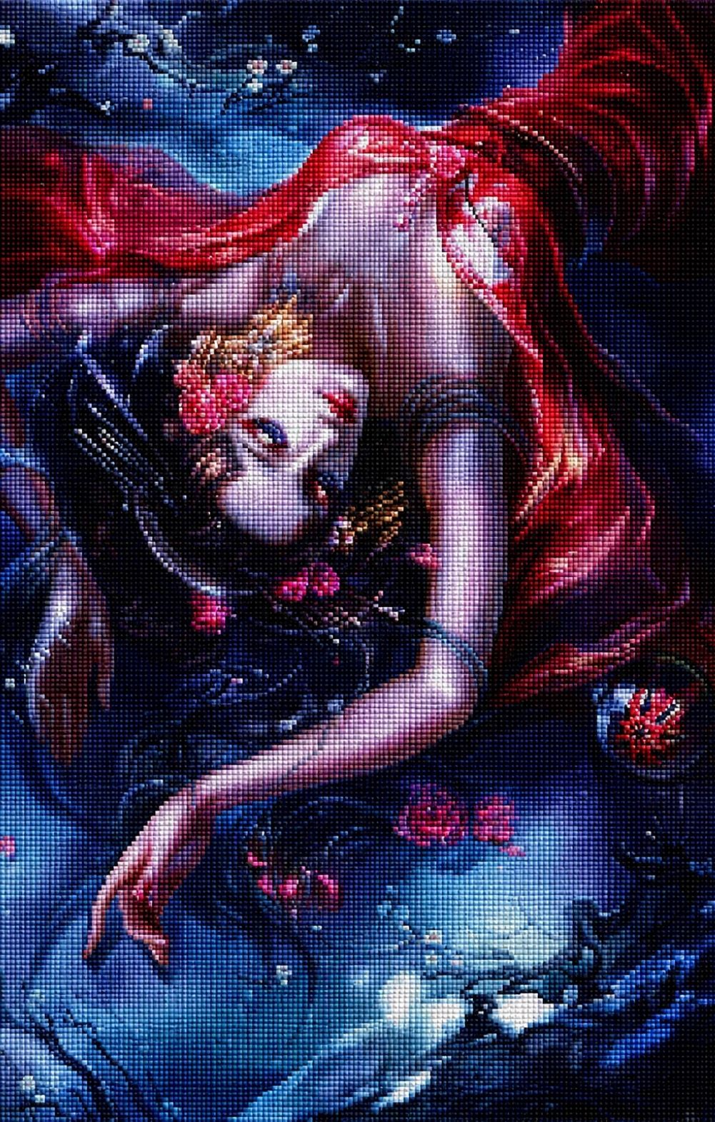 Diamond Painting mit mystischer Frau im roten Seidengewand in einer nächtlichen Landschaft. Mockup.