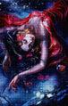 Diamond Painting mit mystischer Frau im roten Seidengewand in einer nächtlichen Landschaft. Mockup.